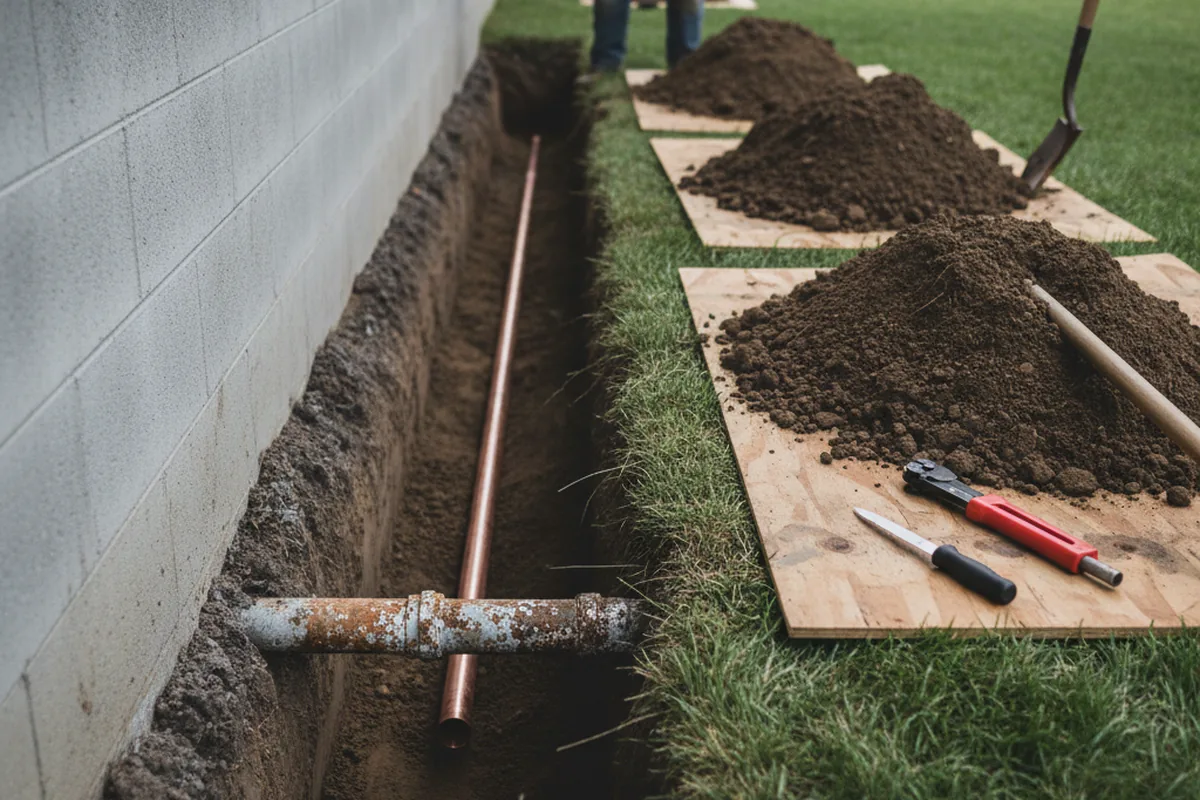 Excavated water line trench during Water Heater Repair in Ellenton